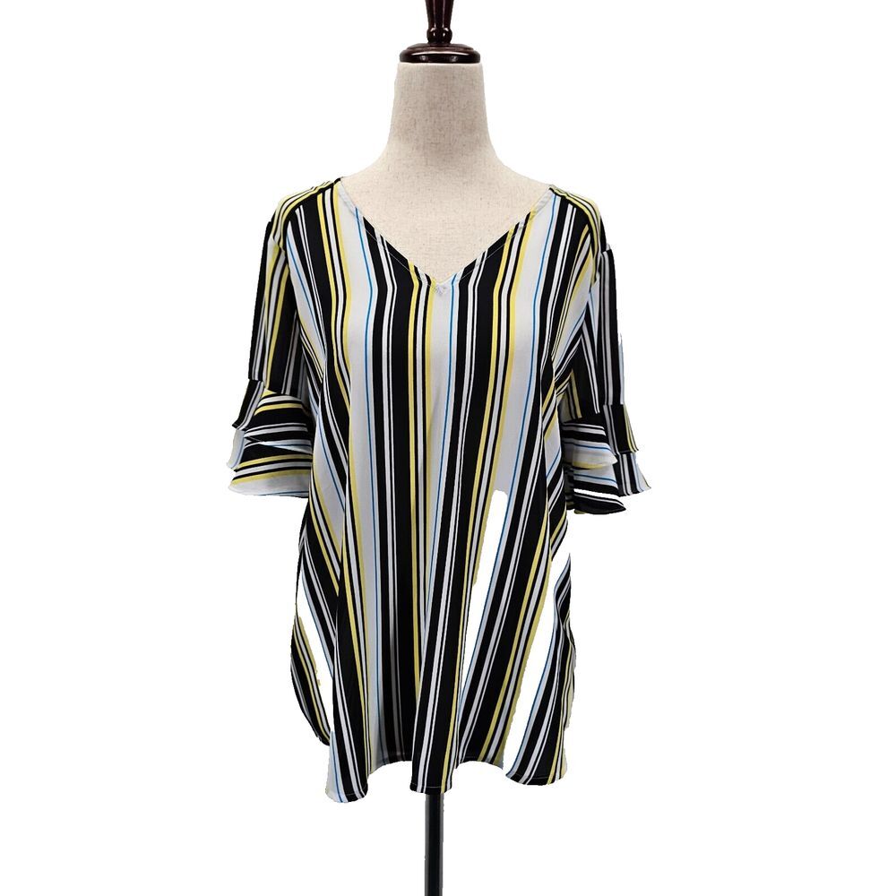 Worthington Top Womens Medium Raglan Flutter Short Sleeve Stripe Work Office EUC